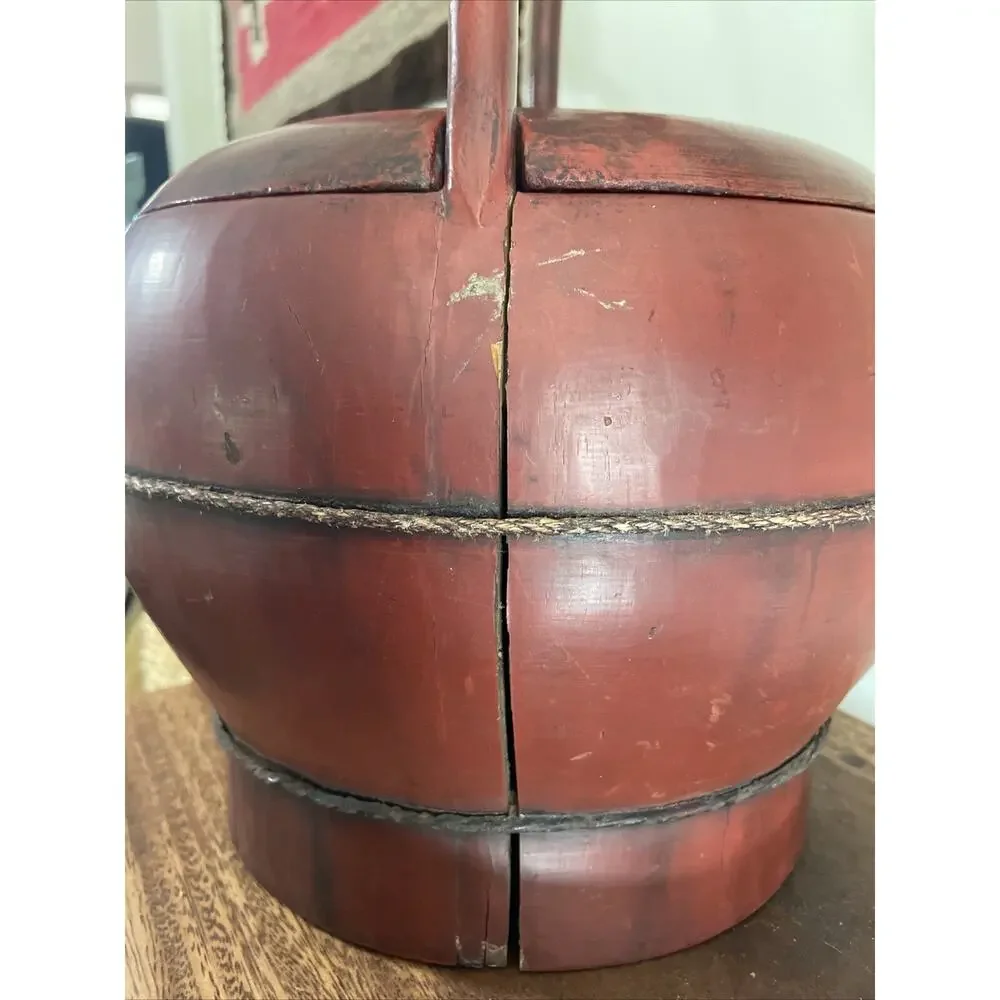 PRIMITIVE ANTIQUE CHINESE RED LACQUER WEDDING OR RICE BASKET WOOD HANDLE